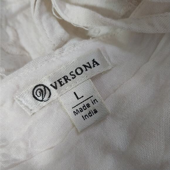 VERSONA! CREAM LINEN BLEND BOTANICAL EMBROIDERED BACK TIE SUN DRESS! SZ L - Picture 7 of 10